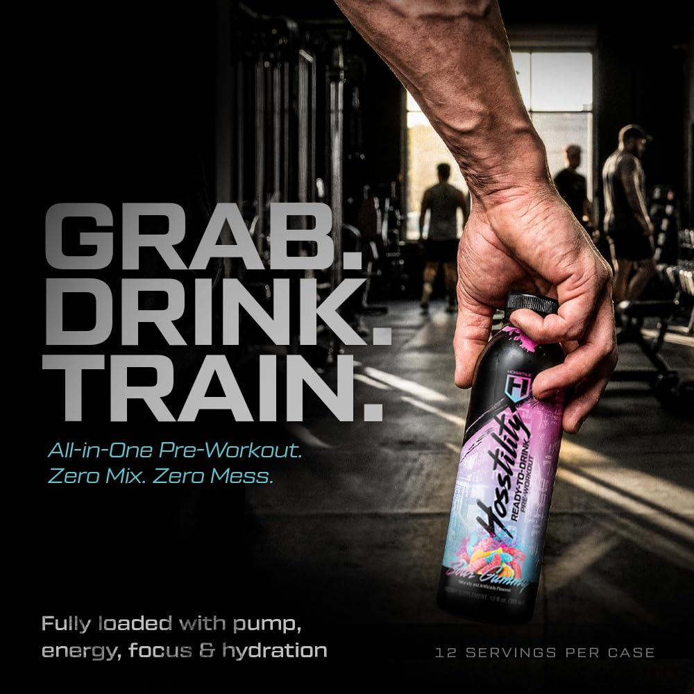 HOSSTILE Hosstility RTD Pre-Workout – Ready to Drink Pre Workout for Energy, Focus, Pump & Hydration, All-in-One Formula for Performance, Sour Gummy, 12 Servings