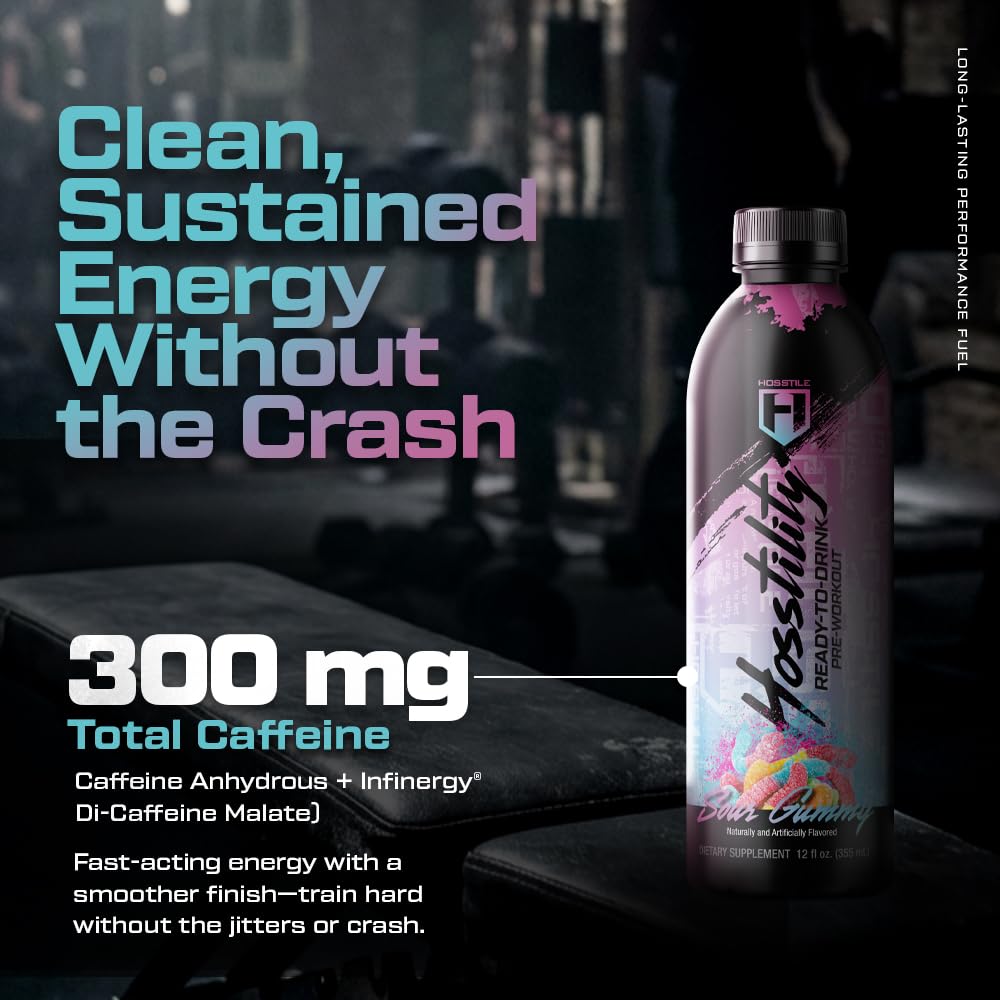 HOSSTILE Hosstility RTD Pre-Workout – Ready to Drink Pre Workout for Energy, Focus, Pump & Hydration, All-in-One Formula for Performance, Sour Gummy, 12 Servings