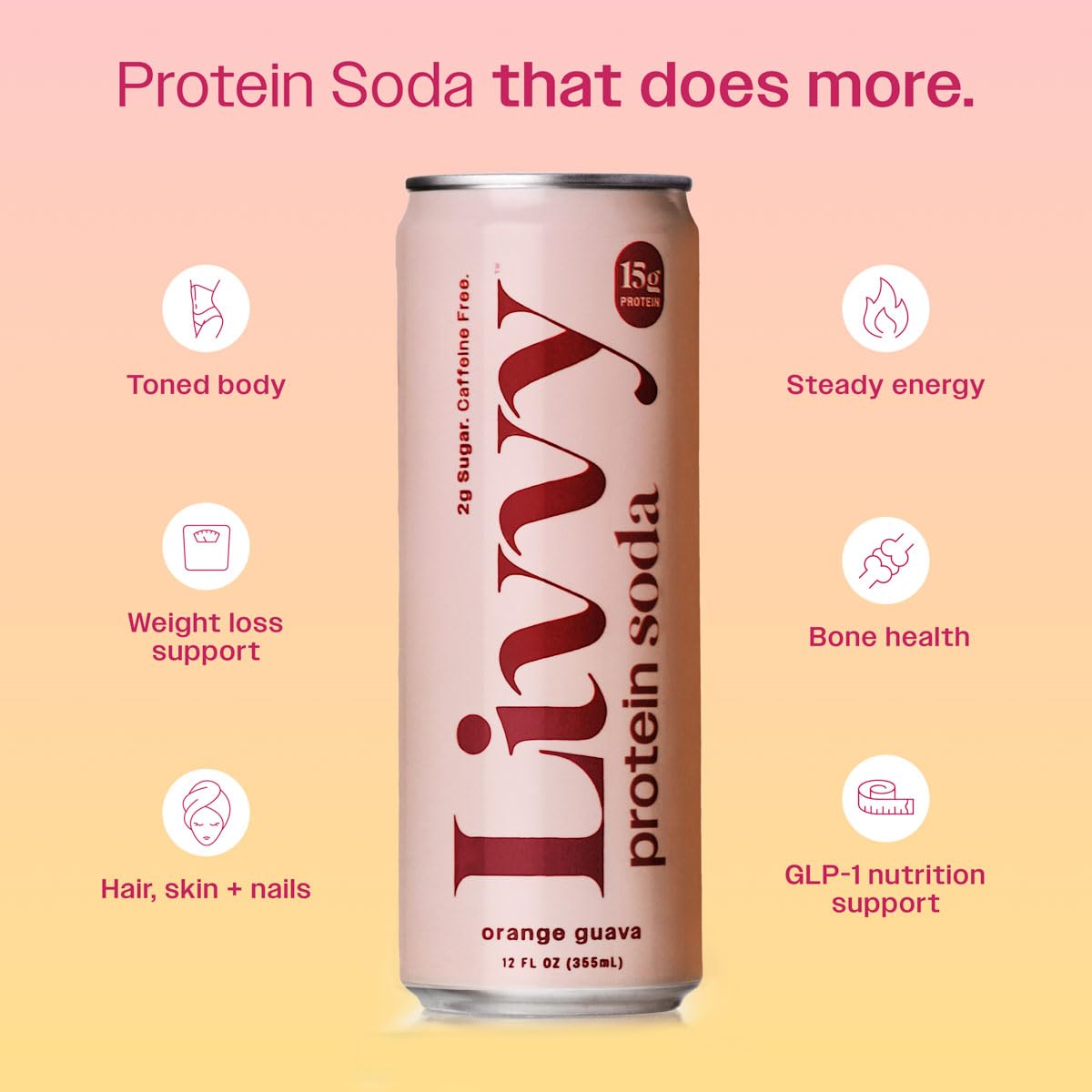 Livvy Protein Soda, 15g Protein, 80 Calories, Low Sugar Soda, Caffeine Free, Sparkling Clear Protein, Peach Mango, Blueberry Lemonade, Orange Guava, Variety (12 Cans - Variety Pack)