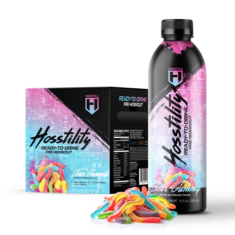 HOSSTILE Hosstility RTD Pre-Workout – Ready to Drink Pre Workout for Energy, Focus, Pump & Hydration, All-in-One Formula for Performance, Sour Gummy, 12 Servings