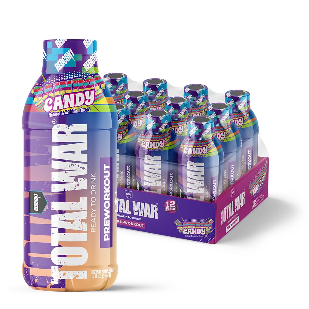 REDCON1 Total War Ready to Drink Pre Workout | Rainbow Candy | 365mg Caffeine + Citrulline Malate + Beta Alanine | Zero Sugar (12 Pack)