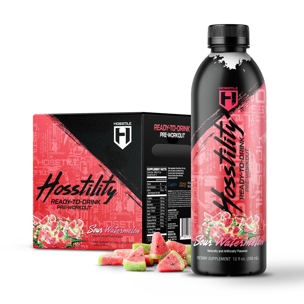HOSSTILE Hosstility RTD Pre-Workout – Ready to Drink Pre Workout for Energy, Focus, Pump & Hydration, All-in-One Formula for Performance, Sour Gummy, 12 Servings