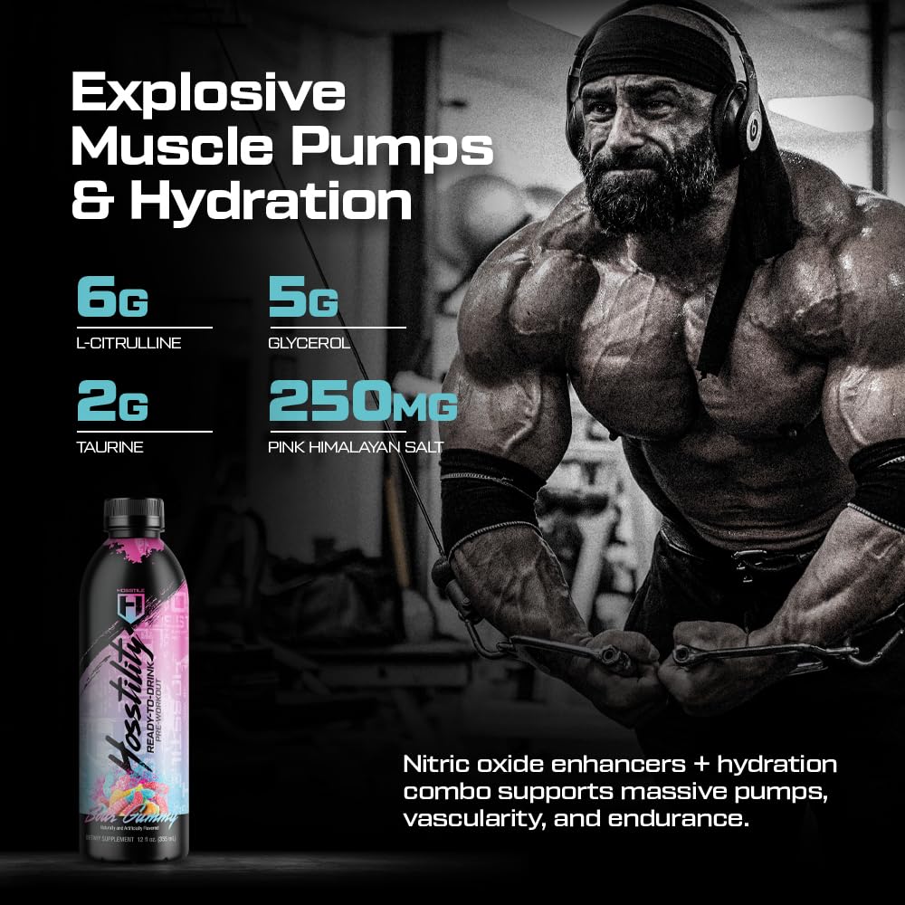 HOSSTILE Hosstility RTD Pre-Workout – Ready to Drink Pre Workout for Energy, Focus, Pump & Hydration, All-in-One Formula for Performance, Sour Gummy, 12 Servings