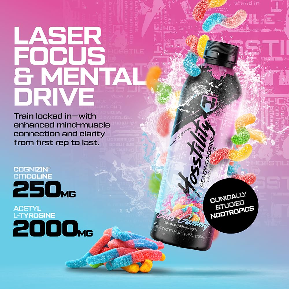 HOSSTILE Hosstility RTD Pre-Workout – Ready to Drink Pre Workout for Energy, Focus, Pump & Hydration, All-in-One Formula for Performance, Sour Gummy, 12 Servings