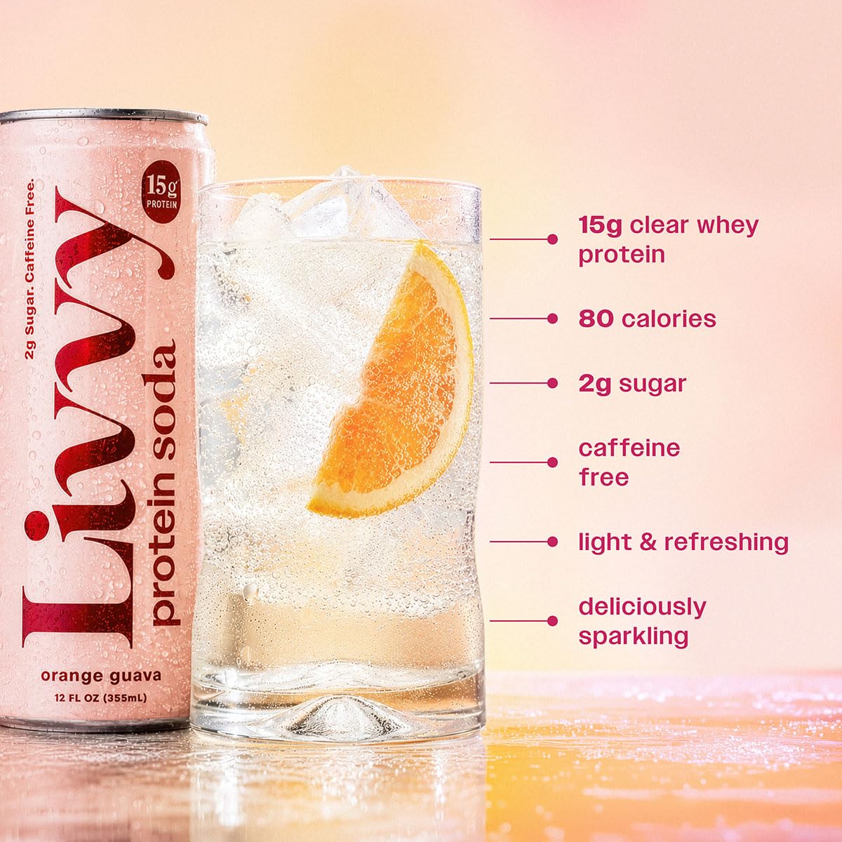 Livvy Protein Soda, 15g Protein, 80 Calories, Low Sugar Soda, Caffeine Free, Sparkling Clear Protein, Peach Mango, Blueberry Lemonade, Orange Guava, Variety (12 Cans - Variety Pack)