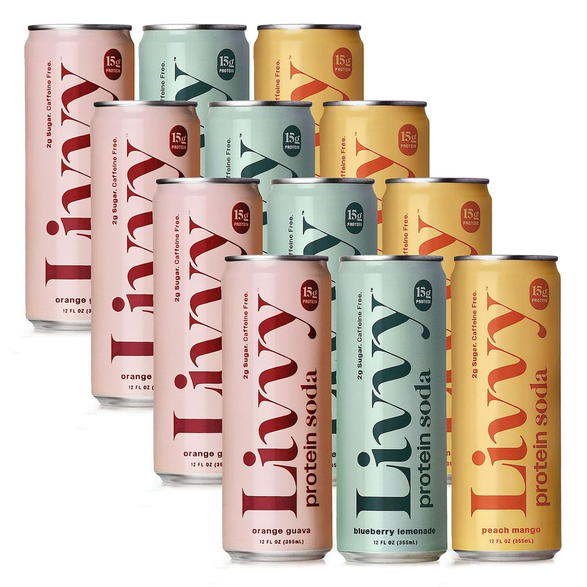 Livvy Protein Soda, 15g Protein, 80 Calories, Low Sugar Soda, Caffeine Free, Sparkling Clear Protein, Peach Mango, Blueberry Lemonade, Orange Guava, Variety (12 Cans - Variety Pack)