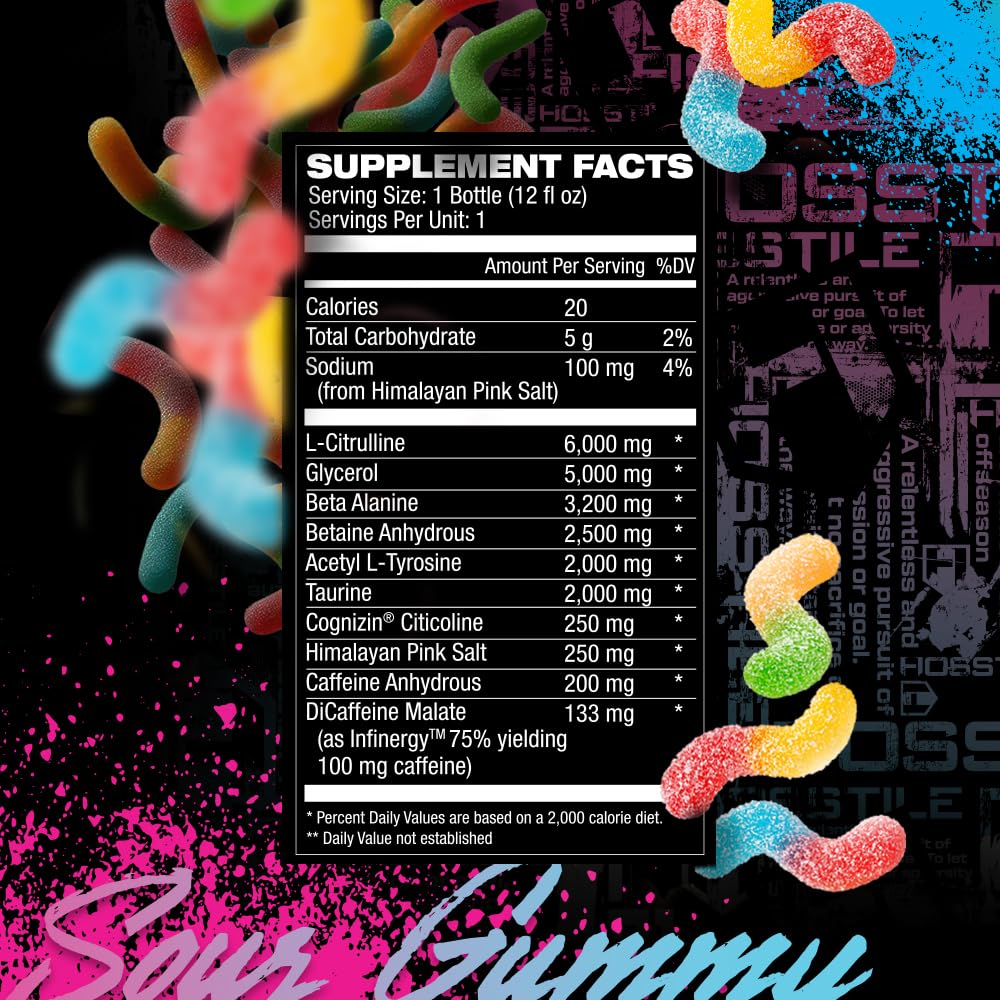 HOSSTILE Hosstility RTD Pre-Workout – Ready to Drink Pre Workout for Energy, Focus, Pump & Hydration, All-in-One Formula for Performance, Sour Gummy, 12 Servings