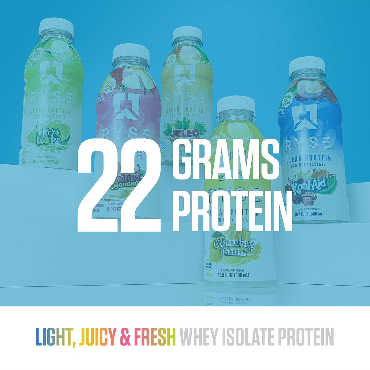 RYSE Clear Protein Drink - Variety Pack - 100 Calories, 22g Whey Isolate Protein Shake, Sugar-Free, 0g Fat & Lactose-Free - Refreshing Ready-to-Drink Beverage - 16.9 fl oz Bottles (12-Pack)