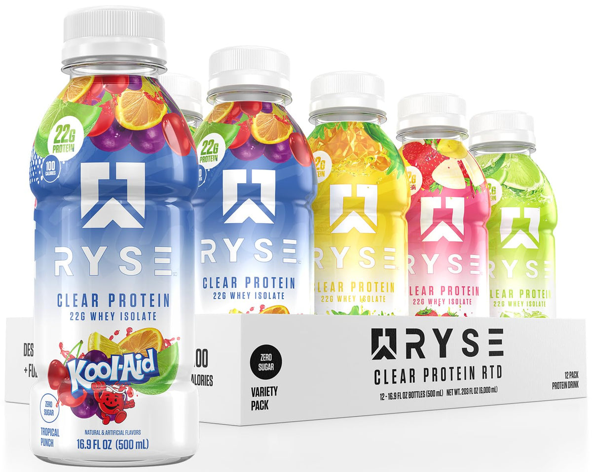 RYSE Clear Protein Drink - Variety Pack - 100 Calories, 22g Whey Isolate Protein Shake, Sugar-Free, 0g Fat & Lactose-Free - Refreshing Ready-to-Drink Beverage - 16.9 fl oz Bottles (12-Pack)