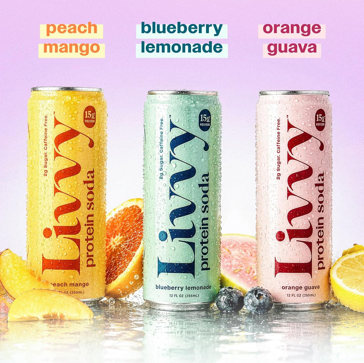 Livvy Protein Soda, 15g Protein, 80 Calories, Low Sugar Soda, Caffeine Free, Sparkling Clear Protein, Peach Mango, Blueberry Lemonade, Orange Guava, Variety (12 Cans - Variety Pack)