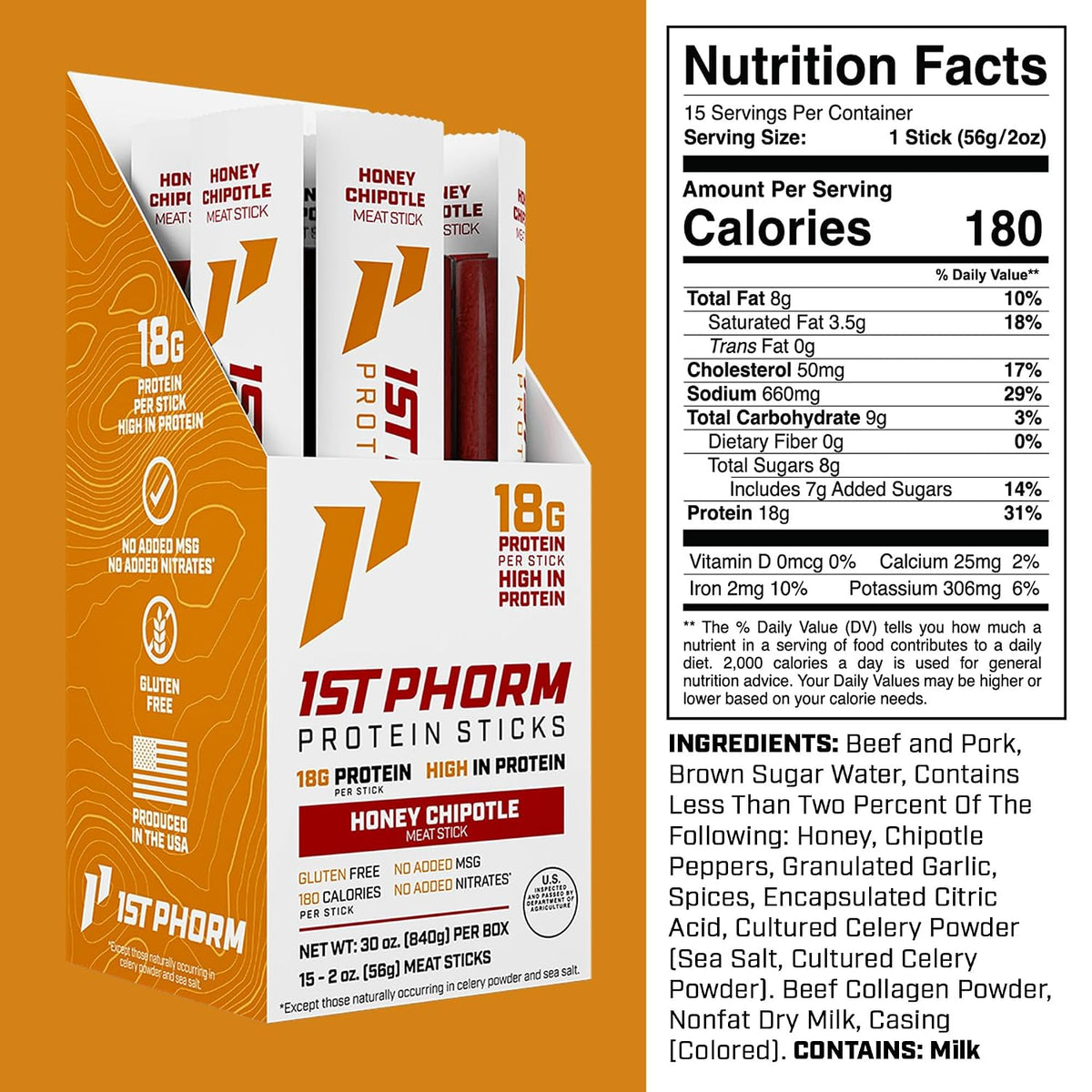 1st Phorm Protein Sticks, Honey Chipotle, 18g Protein, 15 Count