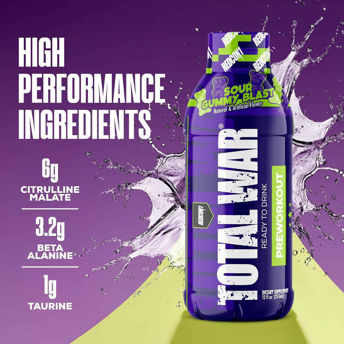 REDCON1 Total War Ready to Drink Pre Workout | Rainbow Candy | 365mg Caffeine + Citrulline Malate + Beta Alanine | Zero Sugar (12 Pack)