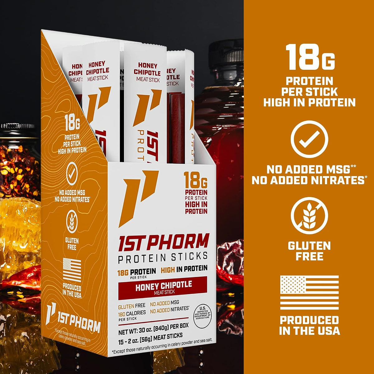 1st Phorm Protein Sticks, Honey Chipotle, 18g Protein, 15 Count