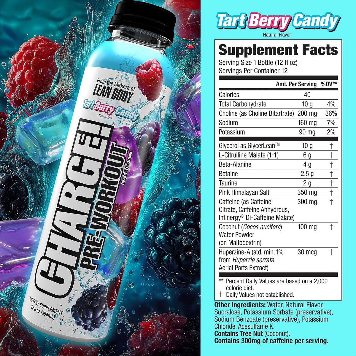 LABRADA Charge Pre Workout Tart Berry Candy RTD Drink – Pump, Energy, Endurance Formula with 10g Glycerol, 6g L-Citrulline Malate, 4g Beta Alanine, 300mg Caffeine, + Complete Hydration Support, 12 Serving